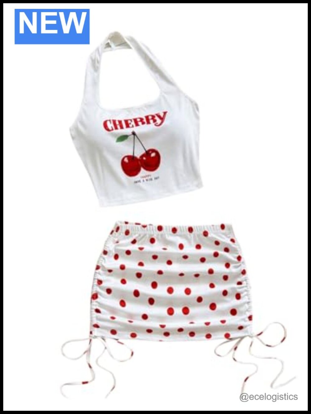 2 Piece Y2K Mini Skirt Set Halter Crop Top Polka Dot Matching Outfit